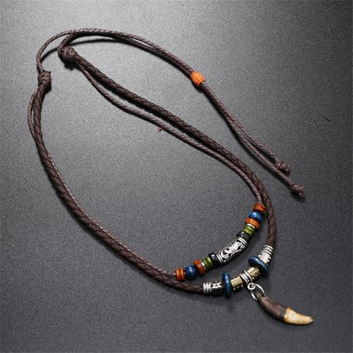 Leather Necklace with Stainless Steel Pendant for Men Women, Vintage Hemp Rope Tribal Choker Necklaces Adjustable 18-30 inch, Clasp-Free Long Necklace - color: Boho Teeth Pendant