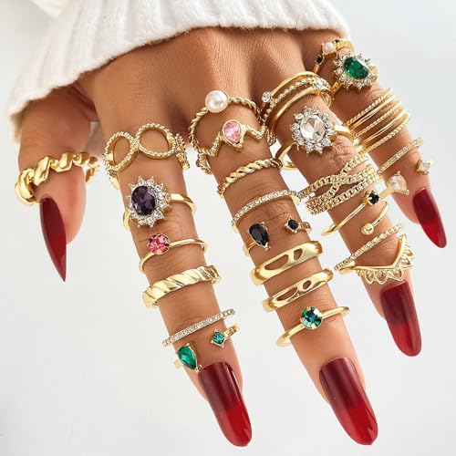 Gold Boho Sparkle Knuckle Rings Set For Women, Vintage Fashion Aesthetic Trendy Joint Snake Ring Pack, Retro Green Black Pink Colorful Rhinestone Star Crystal Leaf Diamond Pearl Jewelry - color: Gold-26Pcs