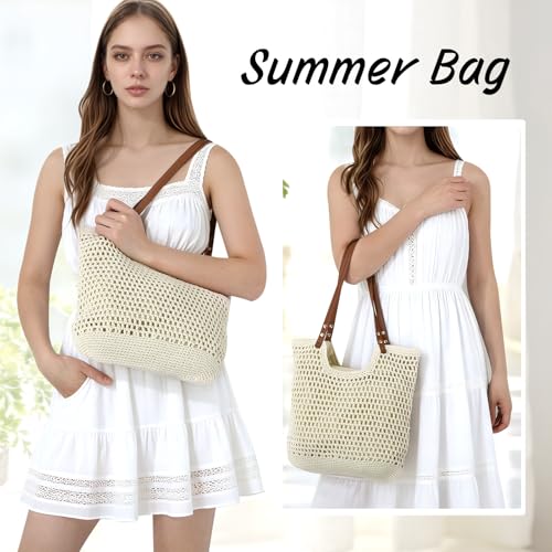 Oweisong Beach Bags for Women Woven Crochet Summer Purse 2026 | Boho Tote Bag, 13.8" Large Capacity, Tote Bag with Zipper, Foldable Packable, Beach Shipping, Vacation Purse - color: Begie