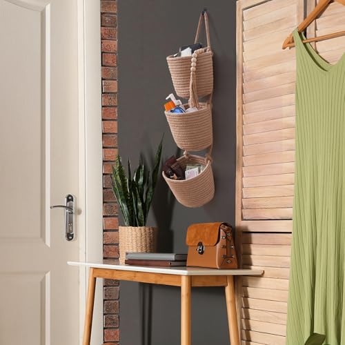 Fabric Wall Hanging Organizers - Small Woven Baskets Pouches Set Boho Style Wall Mounted Bag with Adhesive Hook, Storage Decoration Pocket Caddy for Closet Playroom RV Nursery (Linen & Black) - color: Linen & Black