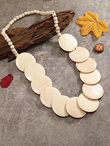 COLORFUL BLING Natural Chunky Wooden Beads Statement Necklace Boho African Tribal Collar Choker Bib Necklace Hippie Vacation Jewelry for Unisex Men Women - color: long light