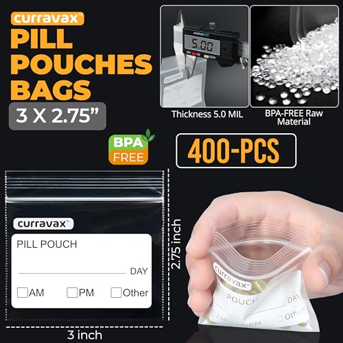 CURRAVAX Pill Pouch Bags for Travel Pack of 400 - BPA Free 3 x 2.75 inch Pill Pouch - Pill Pouches for Medicine with Write on Label –Clear Ziplock Pill Baggies for Travel Medicine Organizer - size: Pack of 400