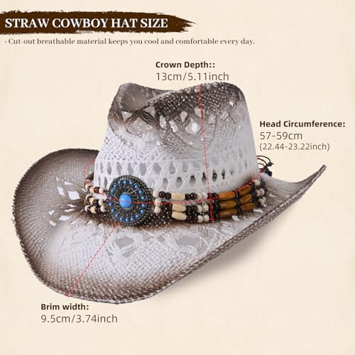 Straw Cowboy Hat for Men Womens Straw Cowgirl Hat Summer Western Cowboy Hats with Wide Brim for Cowgirls and Cowboys - color: White