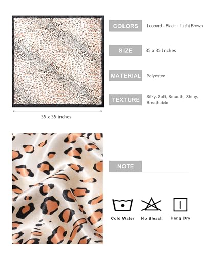 AWAYTR 35” Satin Head Scarf for Women Like Silk Scarf Hair Bandanas Women Large Square Neck Scarf Headscarf Head Wrap - color: Leopard - Black + Light Brown