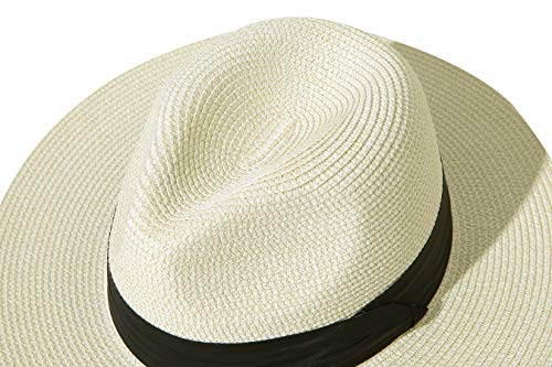 Lanzom Women Wide Brim Straw Panama Roll up Hat Fedora Beach Sun Hat UPF50+ - color: 02-fold Belt Beige, size: One Size-Small