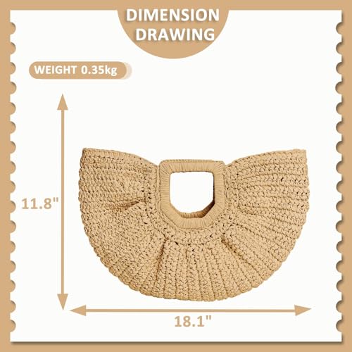 Rattan Handbag, Semi-Circular Woven Beach Bag for Women - Handmade, Perfect for Vacation Travel & Daily Use (Khaki)