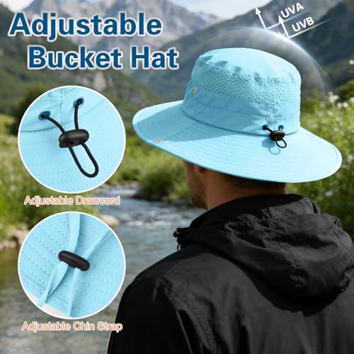 Sun Hat for Men Women UV Protection Wide Brim Fishing Hats Breathable UPF 50+ Boonie Bucket Hats Beach Safari Hiking Garden - color: 1 Pack Lightblue