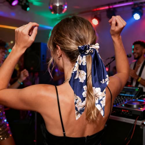 Boho Hair Scarf Scrunchies for Women Bow Hair Ties Floral Hair Scrunchies Silk Elastic Ponytail Holder Hair Accessories for Girls 4 pcs (Flower-2) - color: Flower-2