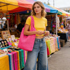 Hand-woven Soft Large Straw Shoulder Bag Boho Straw Handle Tote Retro Summer Beach Bag Rattan Handbag - color: Pink