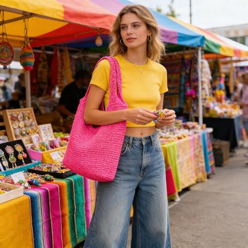 Hand-woven Soft Large Straw Shoulder Bag Boho Straw Handle Tote Retro Summer Beach Bag Rattan Handbag - color: Pink