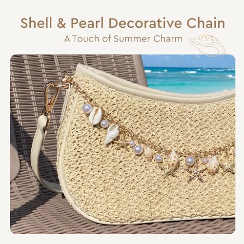 CHUNLI Straw Shoulder Bag for Women, Boho Woven Raffia Hobo Purse with Charm Chain, Adjustable Strap Summer Beach Vacation