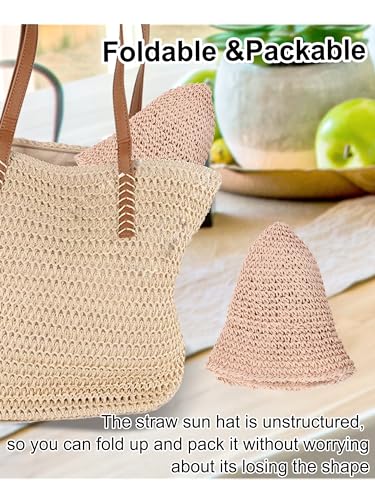 Rulala Fancy Womens Sun Hat Handmade Straw Bucket UV Protection Wide Brim Packable Travel Summer Cap for Beach UPF 50+ - color: Pale Dogwood