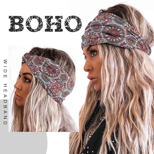 Acenail Wide Boho Headbands Turban Knotted Head Wraps Floral Elastic Non Slip Hairbands Workout Yoga Hair Scarfs Bohemian Fashion Hair Accessories for Women 4Pcs (Stylish) - color: Stylish