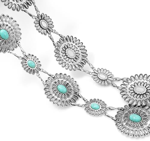 Women's Concho Chain Belt Western Cowgirl Metal Waist Chain Belt for Dress - color: E Turquoise Silver, size: M: 47.2 in