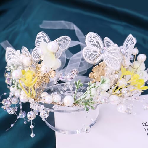 Boho Floral Crown for Women– Adjustable Faux Silk Flower Headband, Handmade Wedding Hair Accessory for Festivals & Photoshoots, Flower Hair Crown for Women (White Butterfly, Adjustable) - color: White Butterfly