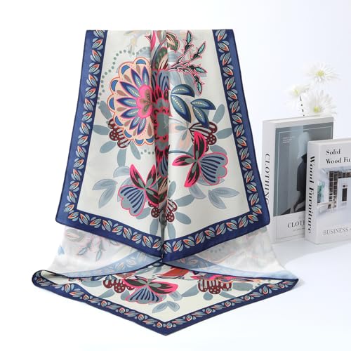 AWAYTR 35” Silk Scarf for Women Large Head Scarf Square Hair Scarf Satin Hair Bandana Printed Silk Sleeping Head Wrap - color: Flower(light Yellow)