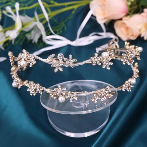 Boho Floral Crown for Women– Adjustable Faux Silk Flower Headband, Handmade Wedding Hair Accessory for Festivals & Photoshoots, Flower Hair Crown for Women (Gold Flower Pearl, Adjustable) - color: Gold Flower Pearl