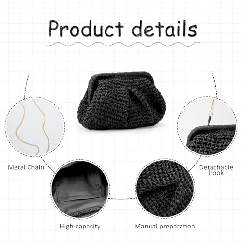 Emprier Straw Clutch Purses for Women Cloud Dumpling Pouch Straw Crossbody Shoulder Handbag Summer Beach Woven Bag - color: Black