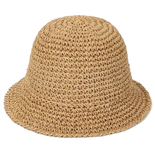 Rulala Fancy Womens Sun Hat Handmade Straw Bucket UV Protection Wide Brim Packable Travel Summer Cap for Beach UPF 50+ - color: Khaki