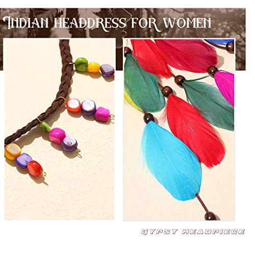 GORTIN Boho Feather Headband Gypsy Headpiece Headdress Bohemian Hippie Headbands Indian Festival Hair Band Adjust Long Feather Hair Accessories for Women (Colorful) - color: Colorful
