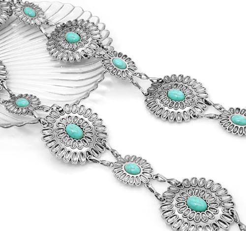 Women's Concho Chain Belt Western Cowgirl Metal Waist Chain Belt for Dress - color: E Turquoise Silver, size: S: 41.3 in