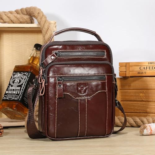 Leather Crossbody Bags for Men Casual Shoulder Bag Travel Messenger Bag Vintage Handbag Multi Pocket Satchel - color: Coffee