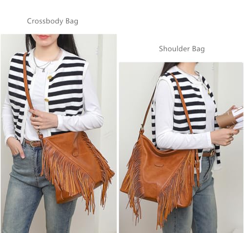 PU Leather Fringe Hobo Bag Large Studded Handbag Crossbody Bag for Women - color: D-brown