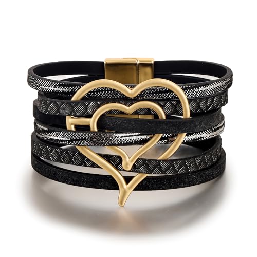 Edoneery Leather Wrap Bracelet for Women, Boho Handmade Multi-Layer Cuff with Crystal Beads Heart, Stackable Bangle Western Jewelry Gift - style: Heart(Black)