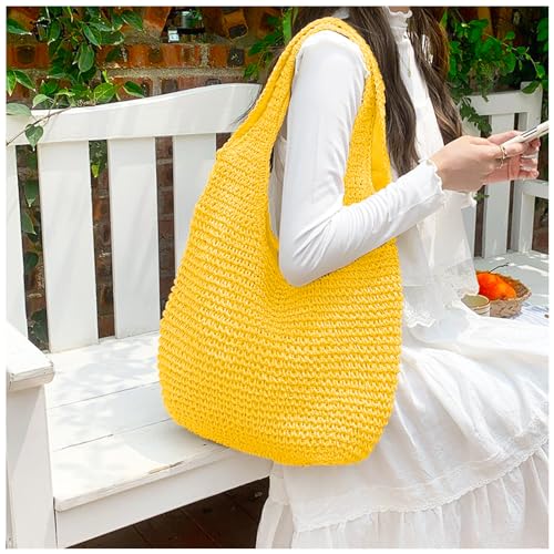 Hand-woven Soft Large Straw Shoulder Bag Boho Straw Handle Tote Retro Summer Beach Bag Rattan Handbag - color: Yellow