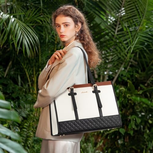 LOVEVOOK Laptop Bag for Women - 15.6 inch Canvas Laptop Tote with Clutch Purse, Office Business Briefcase, Casual Handbag for Travel, College, Teacher, School - color: Black & White & Brown, size: 15.6 inch