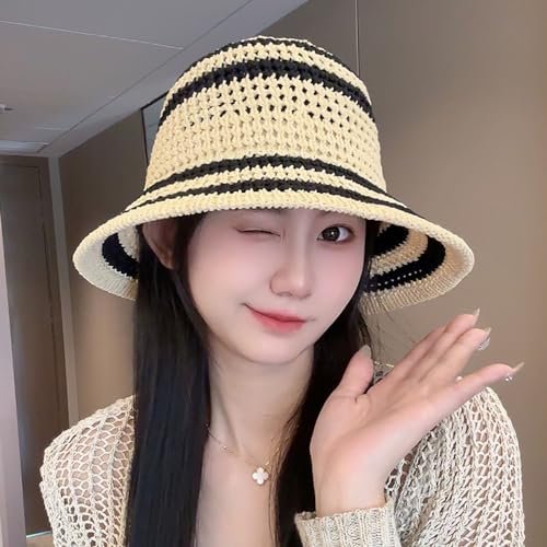 Summer Straw Sun Hat for Women Outdoor Striped Sun Protection Beach Bucket Hat - color: Beige