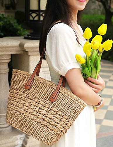 Women's Straw Shoulder Bag Large Rattan Woven Totes Summer Travel Beach Handbag Handmade Top Handle Purse - color: Coffee