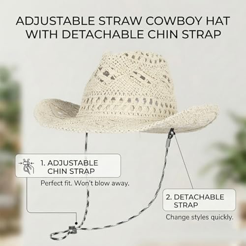 Men & Women's Summer Cowboy Cowgirl Straw Hat Hollow Out Woven Roll Up Wide Brim Sun Hat with Chin Strap - color: Beige
