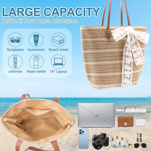Straw Beach Tote Bag for Women - 2026 Large Handwoven Summer Vacation Purse with Zipper for Travel Pool Shopping Essentials | Zipper Closure, Beach Vocation, Lightweight Foldable, Large Capacity, Eco-friendly, Boho Style