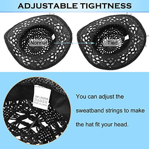 Men & Women's Summer Cowboy Cowgirl Straw Hat Hollow Out Woven Roll Up Wide Brim Sun Hat with Chin Strap - color: Black