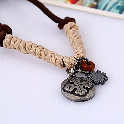 Leather Necklace with Stainless Steel Pendant for Men Women, Vintage Hemp Rope Tribal Choker Necklaces Adjustable 18-30 inch, Clasp-Free Long Necklace - color: Clover Pendant Hemp