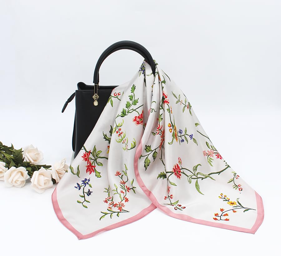 ANDANTINO 100% Mulberry Silk Square Scarf for Hair-25.6" X25.6'' Women Men Natural Silk Neckerchief Digital Printed Headscarf - color: Flowers-pink&white