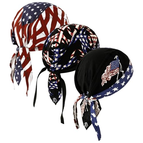DOCILA 3 Pcs Do Rags for Men Skull Cap Bandana Hat Breathable Helmet Linner Beanie - color: A-navywhiteblue