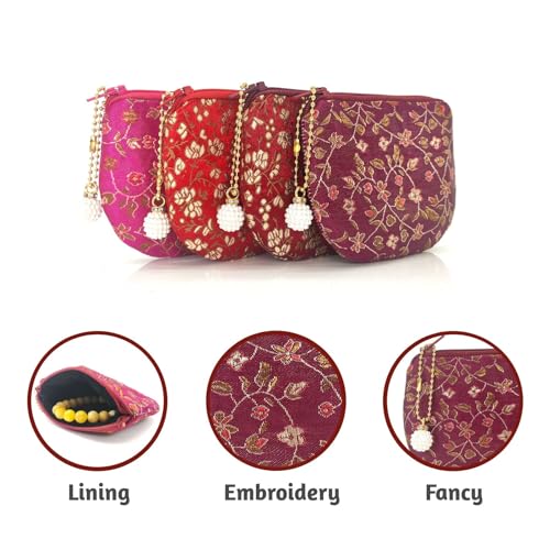 Handmade Women Coin Purse Rosary Pouch Silk Jewelry Bag Brocade Zipper Wallet - Maroon - color: Maroon