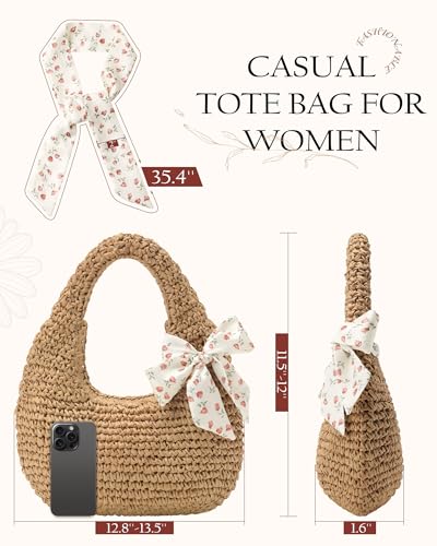 fauson Beach Bags for Women - Handmade Straw Clutch Purses for Women Handbag Zip Closure Tote Bag Lightweight - color: Handbag Brown Bag
