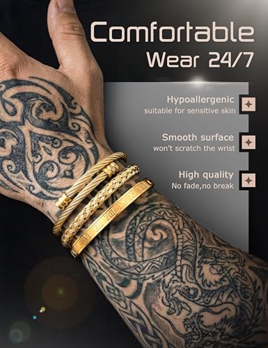 YADOCA 3 Pcs Stainless Steel Bracelets for Men Gold Silver Black Men Bracelet Adjustable Cuff Roman Numeral Bangle Bracelets Mens Luxury Bracelet Set Jewelry Gifts Trendy Gold Accessories - color: A:Gold-1
