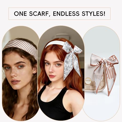 ZXZH 6 Pack Fashion Scarves for Women, Versatile Boho Head Scarf, Satin Scarf for Hair, Neck, Wrist, and Purse Accessories - color: Beige & Brown Geometric Mix