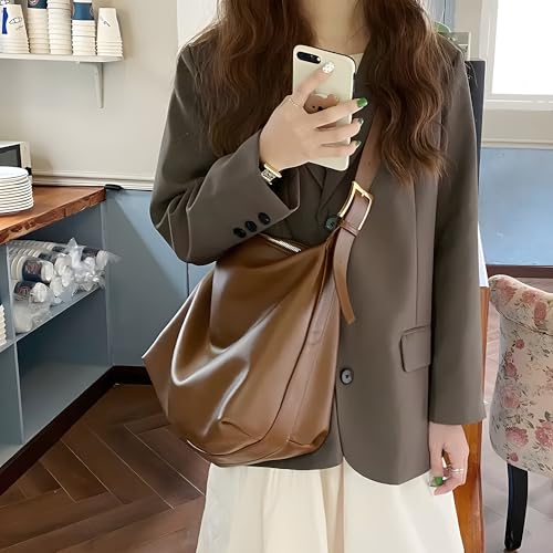 Hobo Bags for Women Leather,Foldable Slouchy Shoulder Purse Crossbody Handbag,Soft Vegan Brown Tote Casual Everyday Handbags - color: Wy22-c