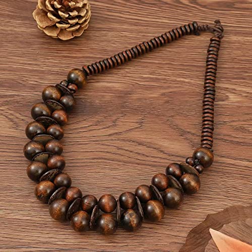 COLORFUL BLING Natural Chunky Wooden Beads Statement Necklace Boho African Tribal Collar Choker Bib Necklace Hippie Vacation Jewelry for Unisex Men Women - color: double dark