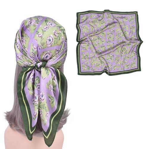 27.5 Inches Silk Head Scarf for Women Satin Hair Scarf Silk Wrap Neck Square Scarves Feeling Scarf Boho Headwear - color: Purple Flower