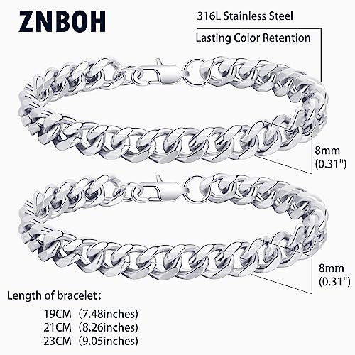 2Pcs Stainless Steel Bracelets for Men 14K Gold Plated Cuban Link Figaro Rope Silver Chain Bracelet Set Curb Width Sturdy Bracelet 7.5/8.3/9 Inches Jewelry Gifts for Dad Husband - color: C:Silver-Two Cuban Link, size: Display Length: 7.5 Inches