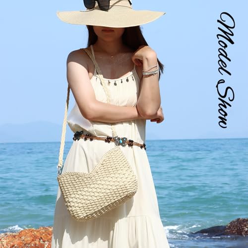 KUANG! Handmade Woven Shoulder Bag for Women Summer Beach Straw Purse Crossbody Handbag with Strap - color: Beige