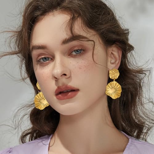 Gold Statement Earrings For Women 18K Gold Plated Sectored Flower Leaf Shell Angel Wing Earring Large Stud Earrings Hypoallergenic Stud - color: Leaf Dangle Earrings
