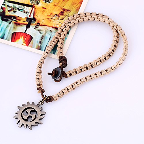 Leather Necklace with Stainless Steel Pendant for Men Women, Vintage Hemp Rope Tribal Choker Necklaces Adjustable 18-30 inch, Clasp-Free Long Necklace - color: Gear Pendant Hemp