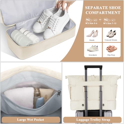 ETRONIK Gym Bag for Women, Personal Item Travel Bag with Shoes Compartment, Weekender Overnight Duffel Bag with Wet Pocket, Carry On Bag for Women, Travel, Gym, Weekend (Beige) - color: Beige, size: Medium